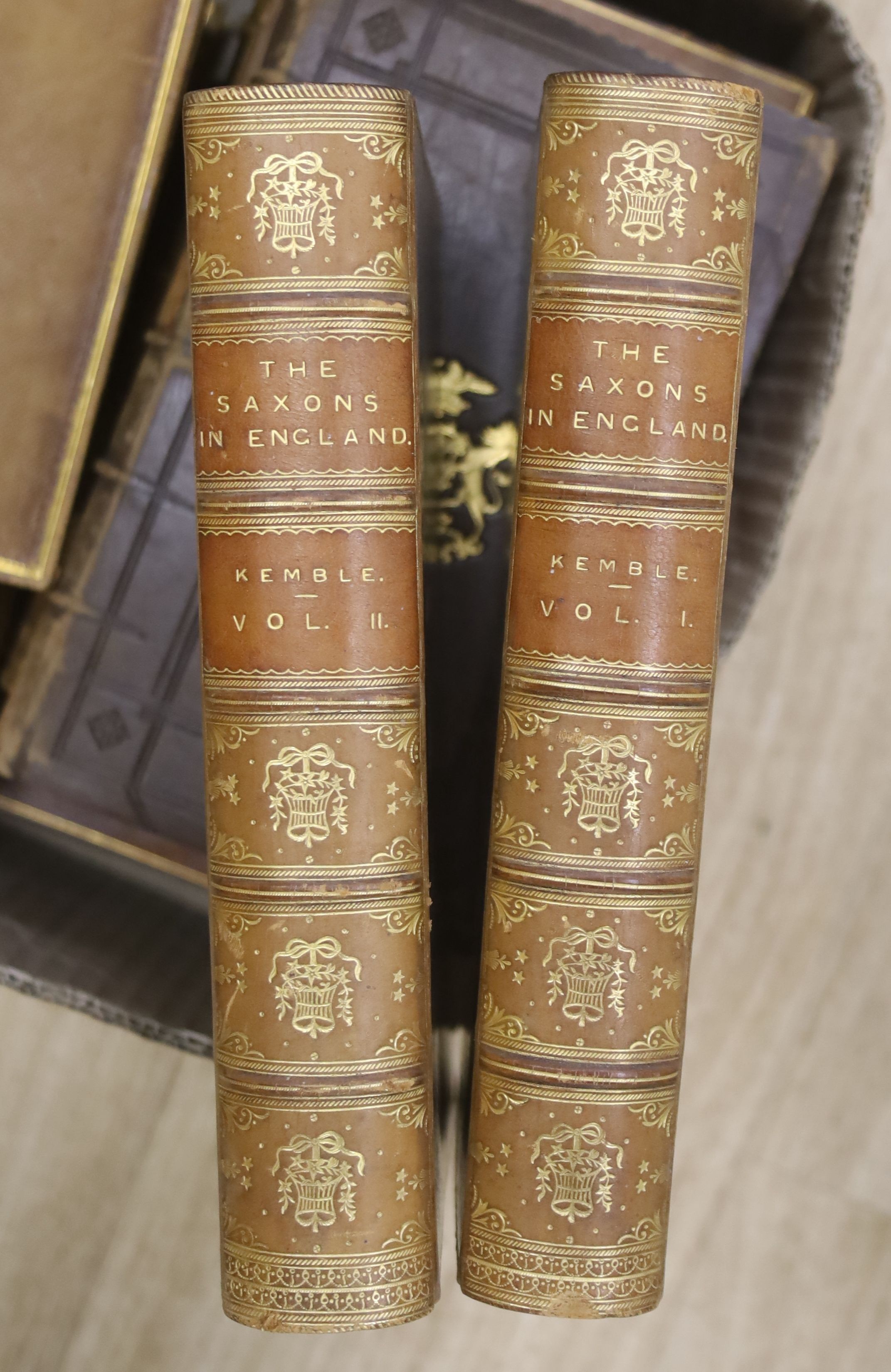 Kemble, John Mitchell. The Saxons in England. new edition, 2 vols. near contemp. tree calf, gilt panelled spines, marbled edges and e/ps. 1876; together with some other leather bound books, approx. 35 vols